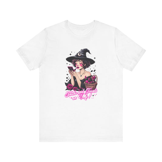 Tricks and treats on me pink tease t shirt
